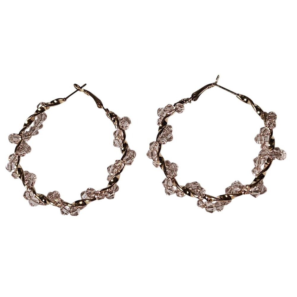 Elegant Pink Crystal Beaded Gold Plated Hoop Earrings Retro Fashion Jewelry